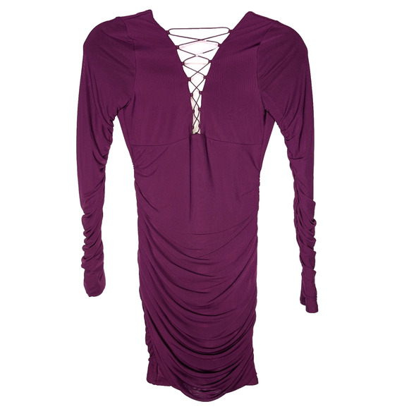 Oh Polly Pragma Long Sleeve Lace Up Ruched Bodycon Mini Dress Wine Purple Size 2 - Picture 3 of 10